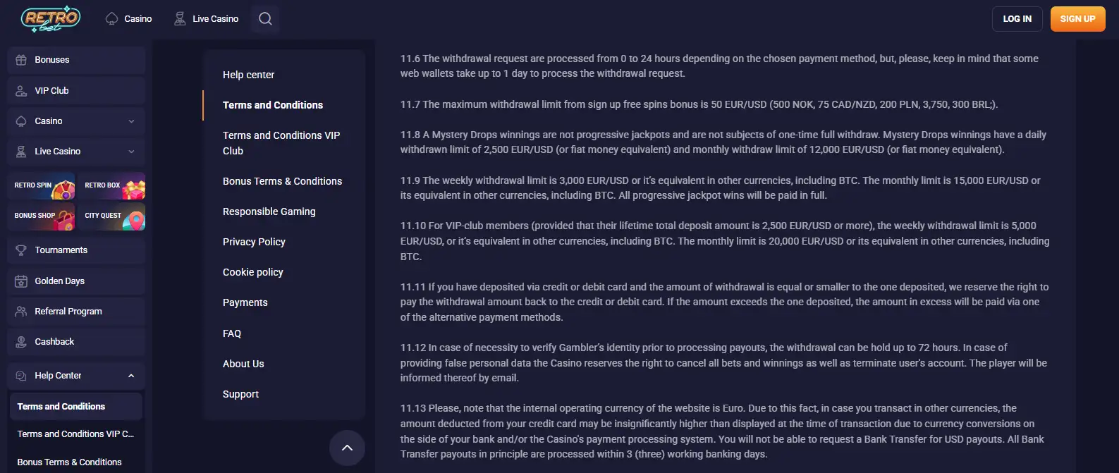 RetroBet withdrawal policy showing processing time and withdrawal limits