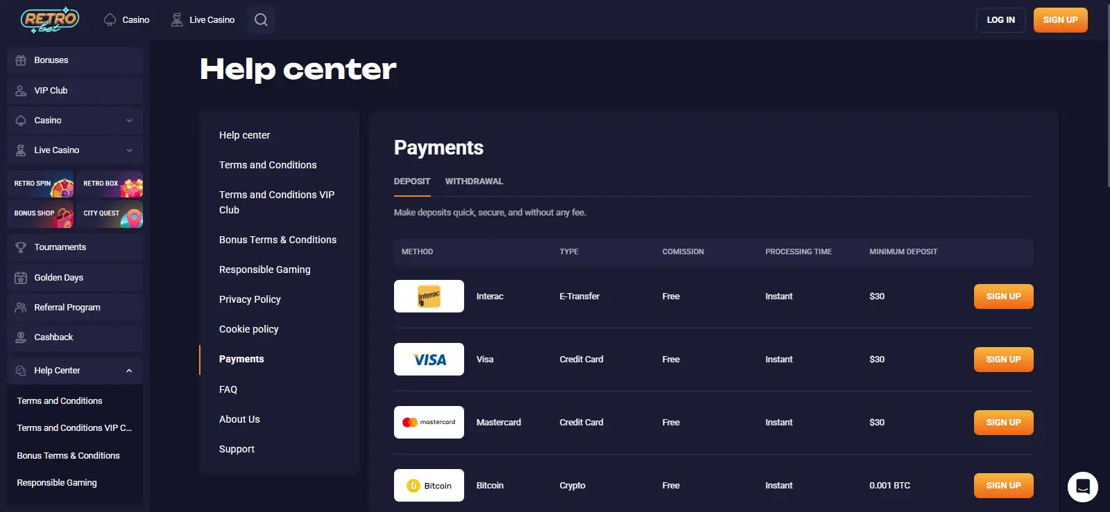 RetroBet payments page showing available payment method categories and brands