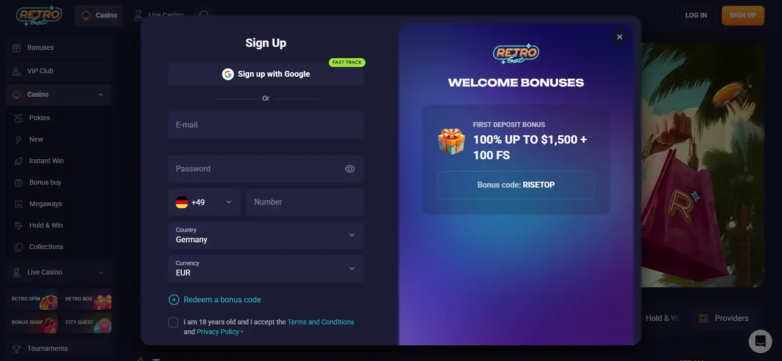 RetroBet Australia registration form with country and currency choices