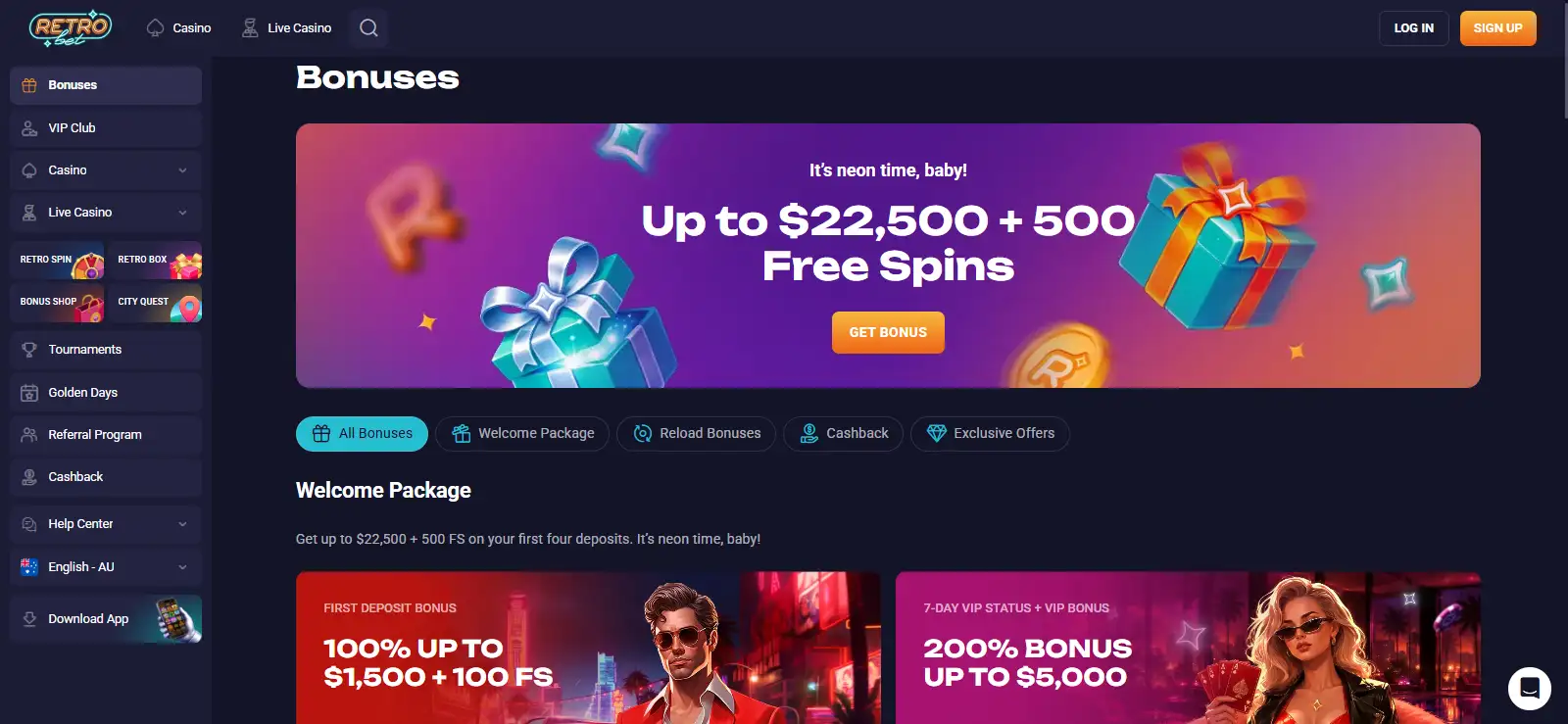 RetroBet Australian promotions page showing the welcome package in Australian dollars