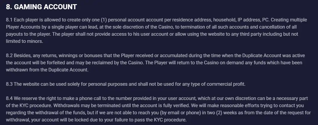 RetroBet terms describing identity verification and withdrawal holds