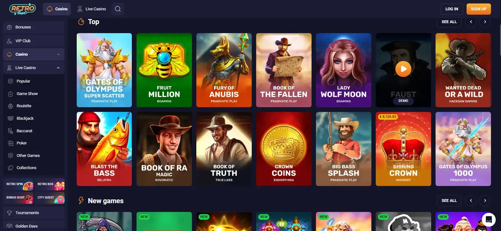 RetroBet lobby showing slots and live casino categories