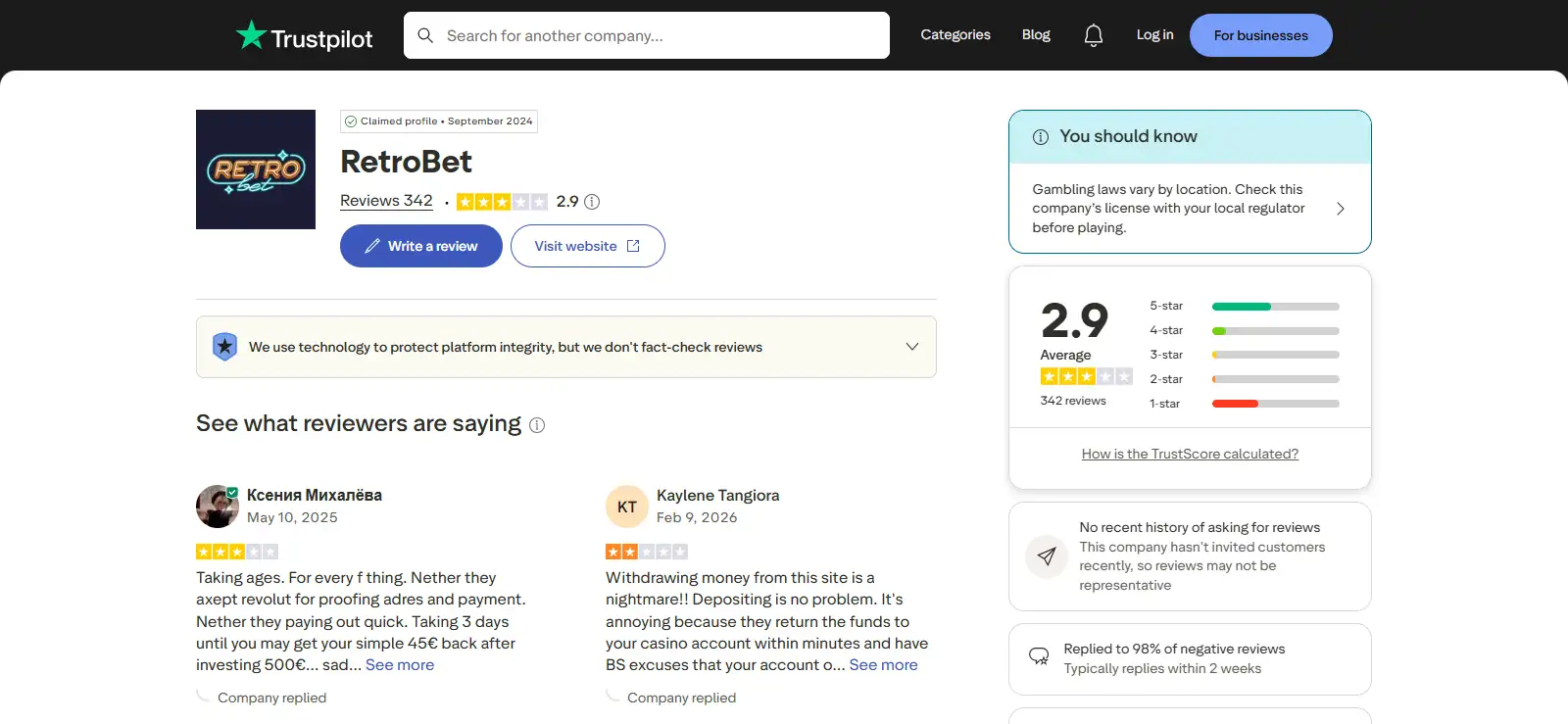 Recent RetroBet Trustpilot reviews showing dated Australian complaint patterns