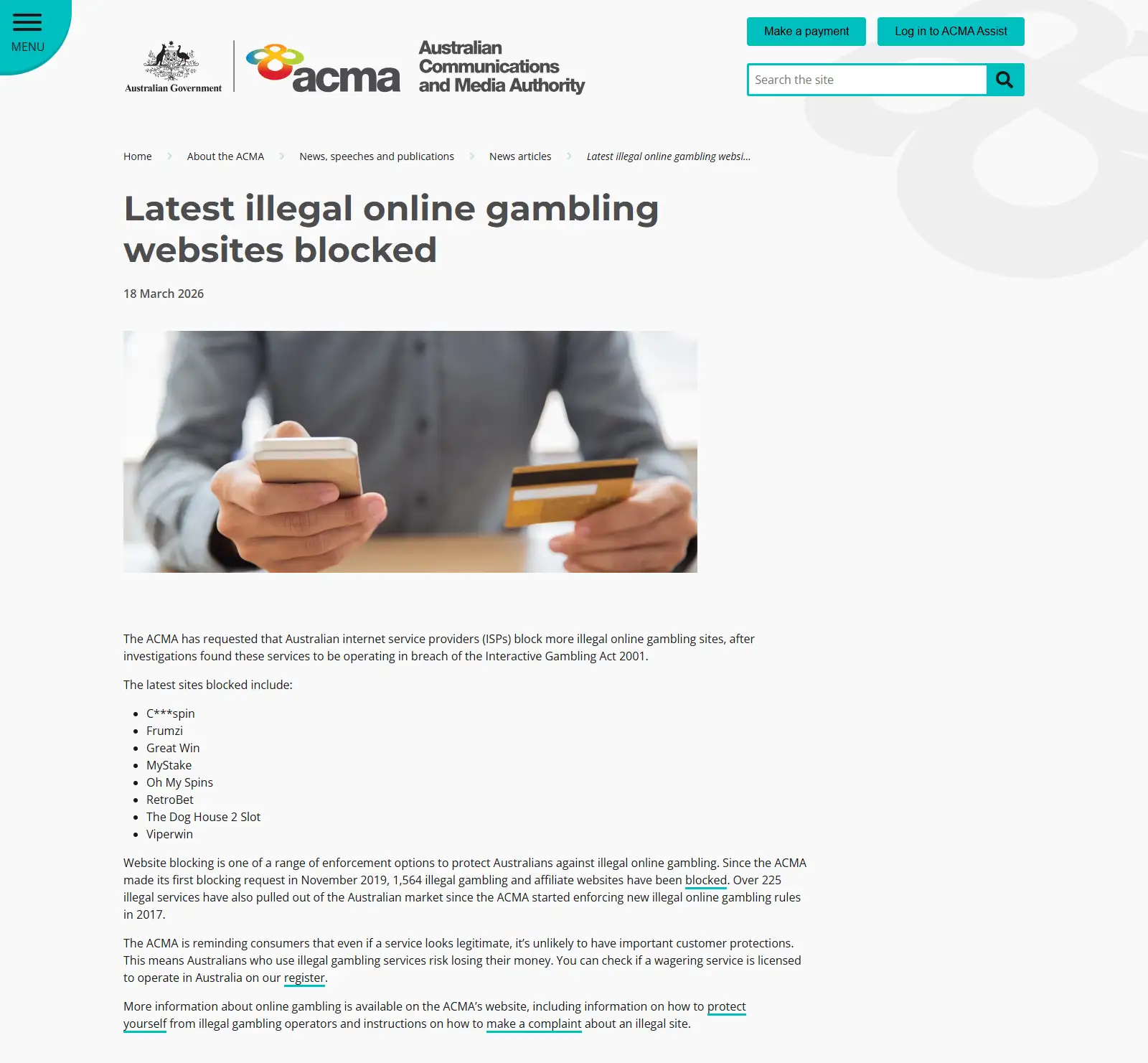 ACMA notice naming RetroBet among websites requested for ISP blocking