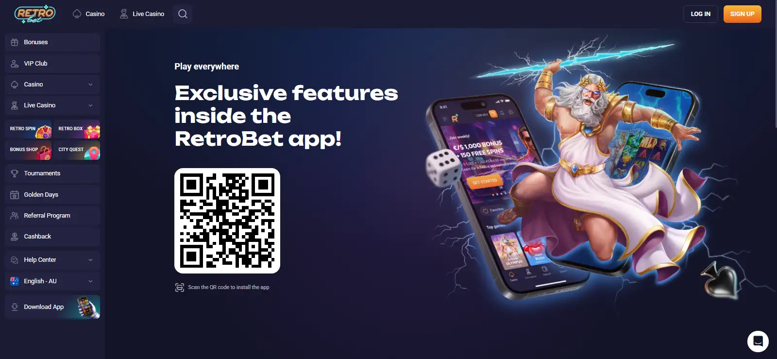 RetroBet official mobile install page for iPhone and Android
