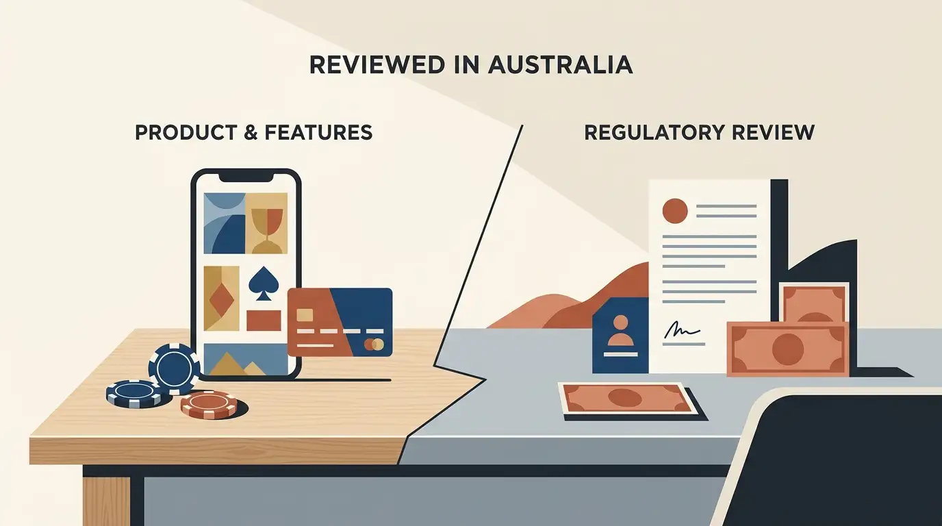 Editorial illustration representing an Australian review of online casino features, mobile access and AUD support