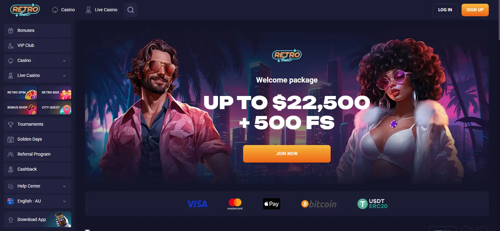 RetroBet Australian-localised interface showing English-AU and AUD context